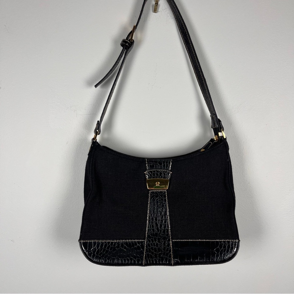 Etienne Aigner Shoulder Bag Purse Croc Black Vintage Minimalist Classic Academia